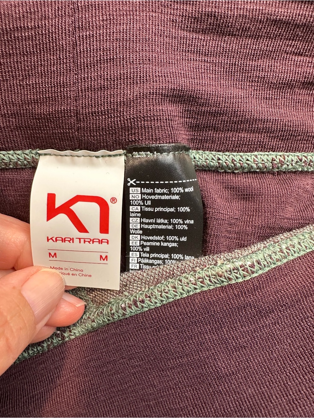NWT Kari Traa “Rose” Plum Wool Baselayer Bottoms with Mint Overlock Stitching - Picture 3 of 4